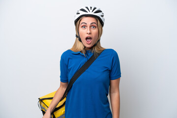 Young caucasian woman with thermal backpack isolated on white background with surprise facial expression