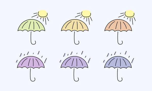 Cartoon doodle umbrella. Hand drawn umbrella. Set of vector umbrella and parasol. Vector clipart isolated on white background.