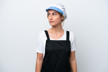 Fishwife woman isolated on white background looking to the side