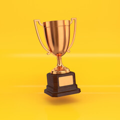 Bronze trophy cup floating on a yellow background, 3d render