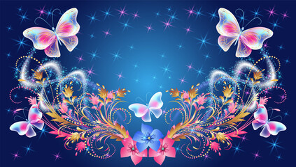 Flying delightful butterflies and flowers with golden branches and leaves flying in night sky among shiny glowing stars. Animal protection day concept.