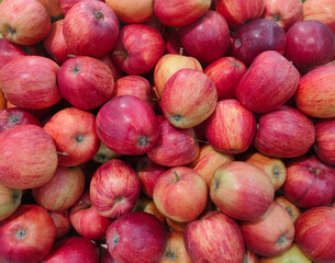 fresh yellow-red apples on the supermarket counter