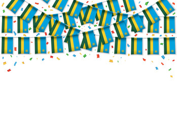 Rwanda flags garland white background with confetti, Hanging bunting for Independence Day celebration template banner, Vector illustration