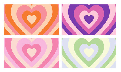 Set Of Cool Heart Geometric Abstract Backgrounds. Lovely Vibes Posters Design. Trendy Y2K Illustration.