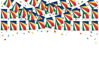 Seychelles flags garland white background with confetti, Hanging bunting for Independence Day celebration template banner, Vector illustration