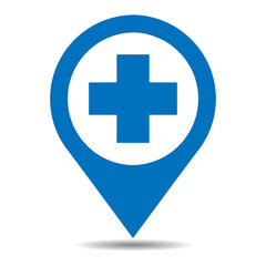 Illustration of medical facility pointer icon with shadow on white background