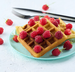 Stack of baked Belgian waffles with ripe red raspberry