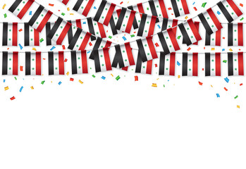 Obraz premium Syria flags garland white background with confetti, Hang bunting for Syrian independence Day celebration template banner, Vector illustration