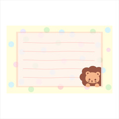 Cartoon cute little lion sticky note. Memo, sticker, label empty for text. Little animal to do list card. Isolated on white background, vector, illustration, EPS10