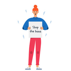 A young red-haired girl with a poster - Stop the ban. A woman defends women's rights to abortion. Female march for abortion rights. Protest against the abortion ban. Vector illustration on white