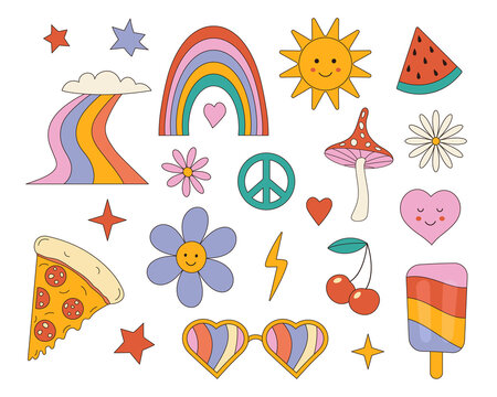 Hippie retro stickers. Cartoon psychedelic vintage clip art. Flower and mushroom. 70s style. Peace symbol. Rainbow and pizza piece. Sun and stars. Heart shaped sunglasses. Vector hippy elements set.