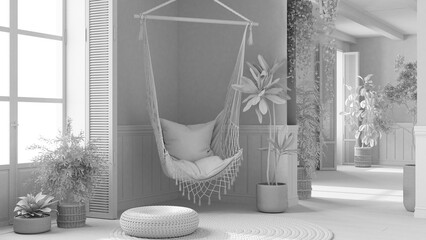Total white project draft, country living room with rattan potted plants and lace hanging chair. Window with wooden shutters and parquet. Boho interior design