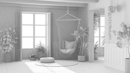 Total white project draft, farmhouse living room in Boho style, potted plants and lace hanging chair. Window with shutters and parquet. Bohemian interior design, boho style