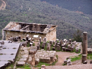 Ruins of a temple and other ancient buildings at the site of the Oracle of Delphi in Phocis, Greece