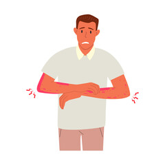 Flat vector illustration of an unhappy suffering man scratching the skin on her hand. Various skin problems, such as allergies, psoriasis, itching, atopic dermatitis, eczema, dryness, redness.
