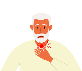 Flat vector illustration of an elderly man suffering from a sore throat. Symptoms of a viral infection. Portrait of a man on a white background.