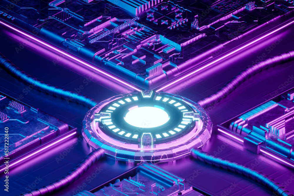 Poster isometric 3d rendering sci-fi empty podium with blue and purple neon light for product display.