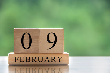 February 9 calendar date text on wooden blocks with customizable space for text or ideas. Copy space