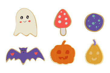 Halloween cookies set: jack-o-lantern, bat, pumpkin, magical, mushroom fly agaric, ghost. Autumn seasonal holidays illustration set. Hand painted vector isolated