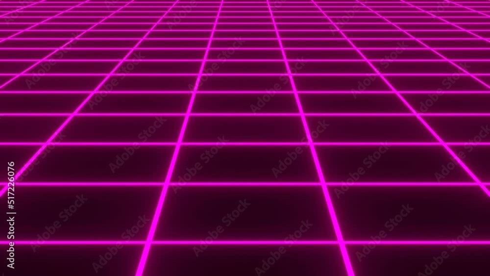 Poster 80s retro wave futurism grid colorful neon light, background 3d render seamless loop animation.