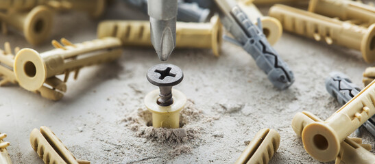 screwdriver screw and dowel in a concrete wall background