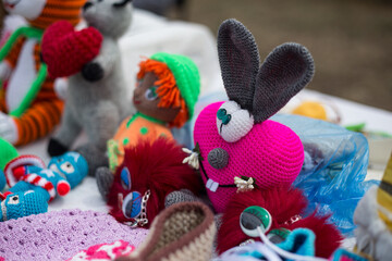 Fototapeta na wymiar soft toy knitted handmade cute bunny
