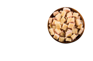 Chopped raw tripe on the plate - Rustic wooden background