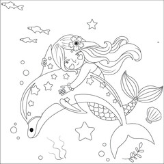 Obraz premium Funny mermaid coloring page for kids