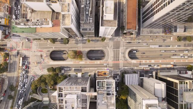 Aerial view of Avenida Paulista (Paulista Avenue) in Sao Paulo city, Brazil. Cinematic 4K