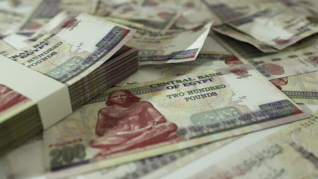 3D animation of Camera panning around spread Egyptian pound notes. Camera moving around Scattered pound notes on surface