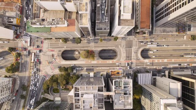 Aerial view of Avenida Paulista (Paulista Avenue) in Sao Paulo city, Brazil. Cinematic 4K