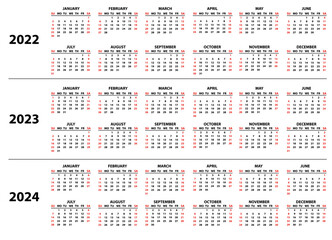 Calendar for 2022, 2023 and 2024 years in English in simple style on a white background. Week starts on Sunday. Vector illustration horizontal