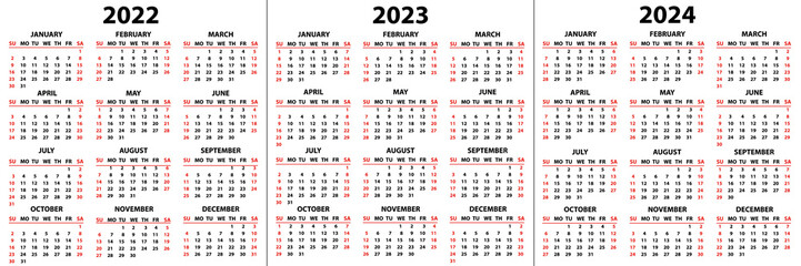 Calendar for 2022, 2023 and 2024 years in English in simple style on a white background. Week starts on Sunday. Vector illustration