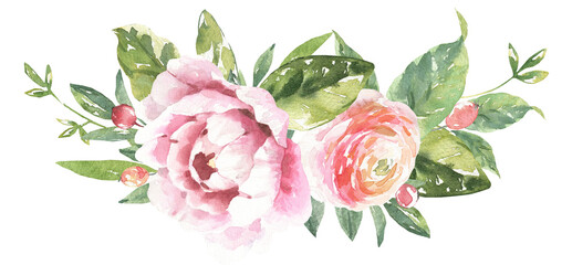 Watercolor bouquet of pink peony, roses illustration,juicy greens, coloful,vibrant frame, vintage florals botanical wreath for spring,easter wedding stationery, stationery