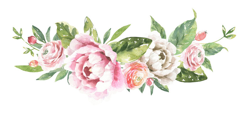 Watercolor bouquet of pink peony, roses illustration,juicy greens, coloful,vibrant frame, vintage florals botanical wreath for spring,easter wedding stationery, stationery