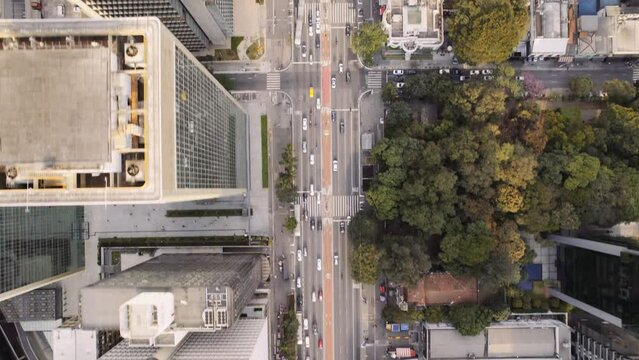 Aerial view of Avenida Paulista (Paulista Avenue) in Sao Paulo city, Brazil. Cinematic 4K