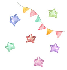 Watercolor set of holiday decoration, pennant banner, 
 stars ,celebration party flags, sign illustration. Colorful decor for kids birthday baby shower,greeting card, character creator, poster art diy