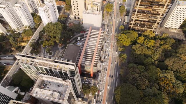 Aerial view of Avenida Paulista (Paulista Avenue) and MASP in Sao Paulo city, Brazil. Cinematic 4K
