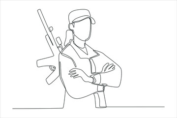 Continuous one line drawing Woman in military clothes with a weapon. Young girl in an army soldier's suit. Modern woman concept. Single line draw design vector graphic illustration.