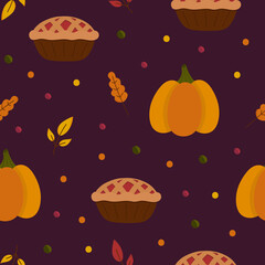 Thanksgiving seamless pattern with pumpkins, pie and leaves. Autumn hand drawn textile print. Vector cozy background.	