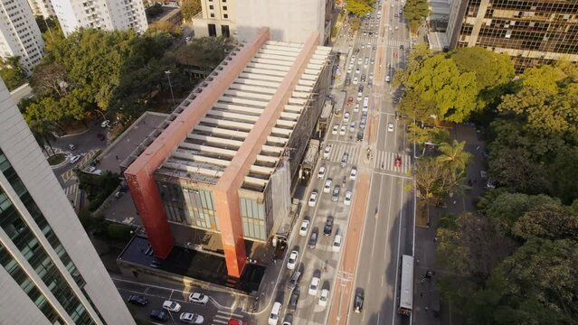 Aerial view of Avenida Paulista (Paulista Avenue) and MASP in Sao Paulo city, Brazil. Cinematic 4K