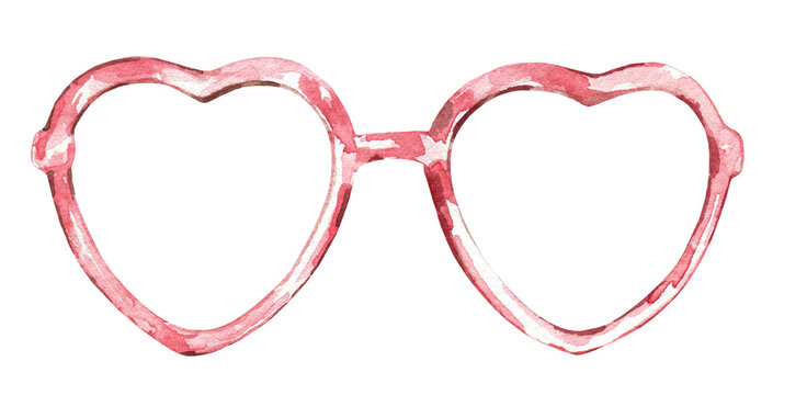 Watercolor pink heart shaped glasses illustration. Hipster funny clothes accessories, character creator decor fashion element isolated. Cute drawing clipart element cutout for man, woman