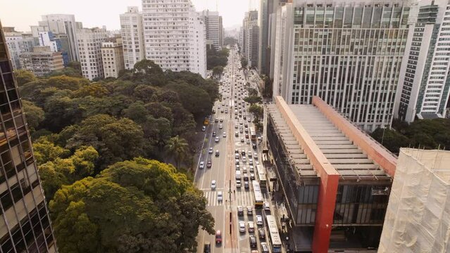 Aerial view of Avenida Paulista (Paulista Avenue) and MASP in Sao Paulo city, Brazil. Cinematic 4K