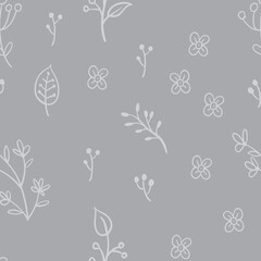 Leaves and flowers seamless pattern. Doodle nature elements background texture. Botanical design.