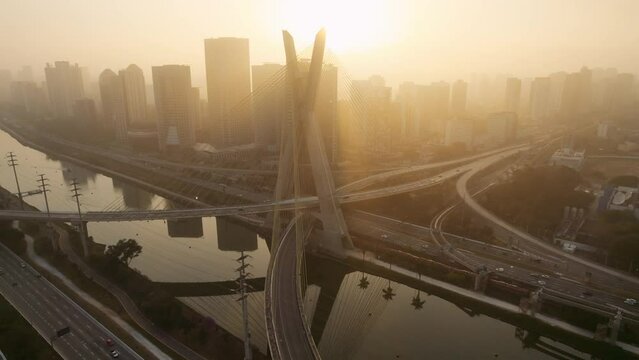 Octavio Frias de Oliveira Bridge in Sao Paulo, Brazil, South America. Cinematic 4K