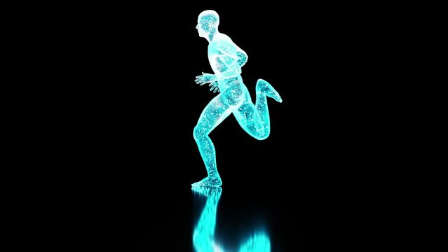 seamless background of a neon human figure running isolated on black, 3D holographic running man animation, loop, 3d render