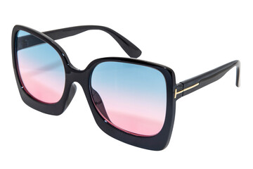 Oversized women sunglasses retro cateye glasses black frame with blue and pink lens top front view