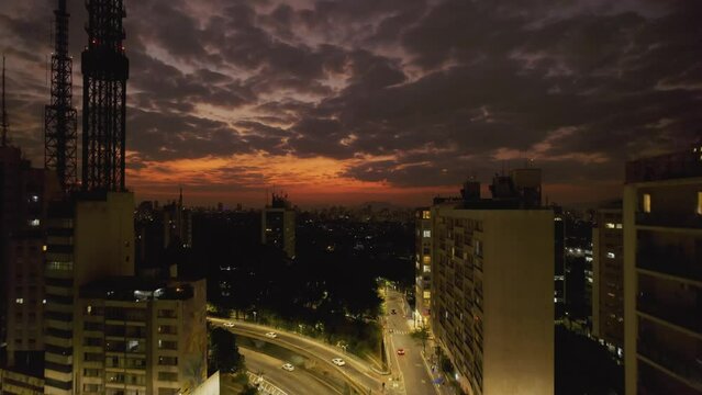 Aerial view of Avenida Paulista (Paulista Avenue) in Sao Paulo city, Brazil at night. Cinematic 4K