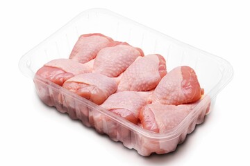 Chicken thighs in plastic tray isolated on white