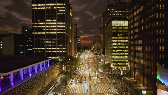 Aerial view of Avenida Paulista (Paulista Avenue) in Sao Paulo city, Brazil at night. Cinematic 4K
